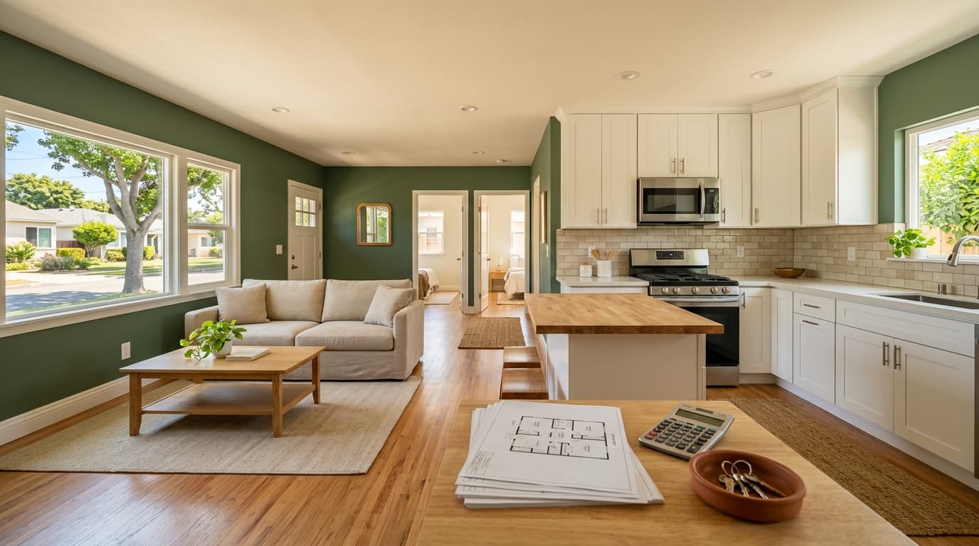 Bright open living area and kitchen inside a vacant two-bedroom duplex unit