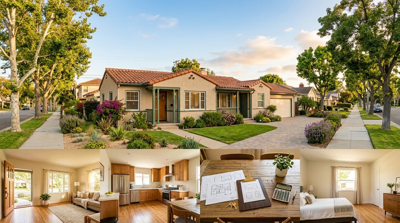 Tree-lined residential street with duplexes and single-family homes in La Habra, California